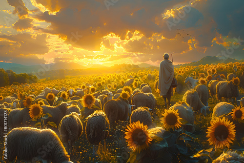 Wallpaper Mural A Shepherd and Their Flock Amid a Vast Field of Cheerful Sunflowers Basking in the Warm Glow of the Golden Sunset Torontodigital.ca