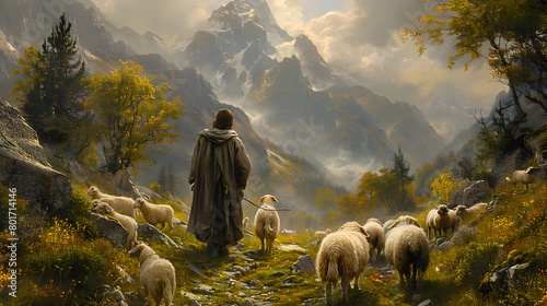 A Shepherd s Journey Through the Picturesque Autumn Valley with Flock and Faithful Companion photo