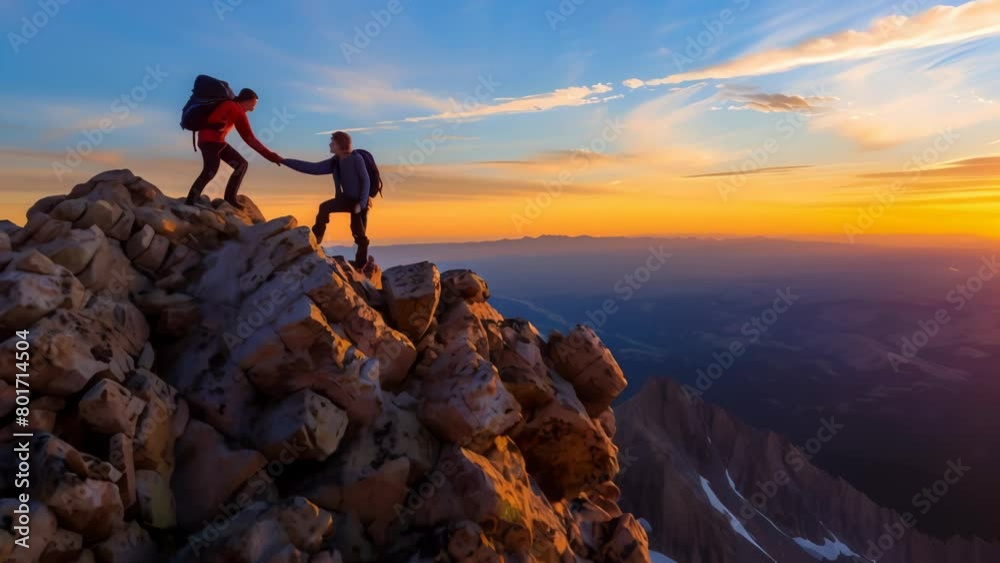 Silhouettes of three hikers helping each other climb steep, rocky mountain peak at sunset, warm glow cast over vast landscape, symbolizing spirit of adventure Silhouettes of three hikers helping each other climb steep, rocky mountain peak at sunset, warm glow cast over vast landscape, symbolizing spirit of adventure