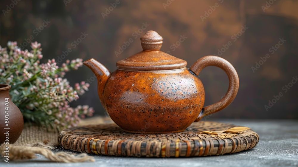 A ceramic tea pot on a woven mat, with soft lighting and a blurred floral background, evoking a health and ceremony concept. Generative AI A ceramic tea pot on a woven mat, with soft lighting and a blurred floral background, evoking a health and ceremony concept. Generative AI
