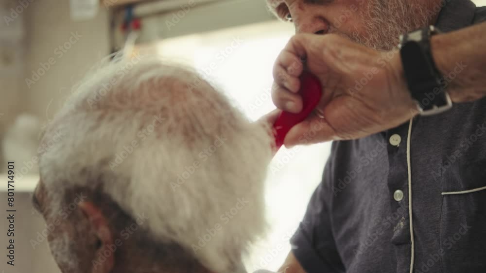 Barber cutting an elderly man's hair with a comb and scissors Barber cutting an elderly man's hair with a comb and scissors