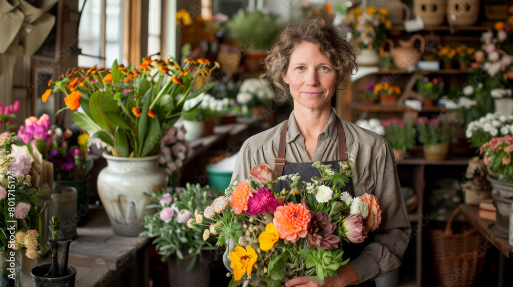 A smiling woman holding a colorful bouquet in a flower shop filled with various blooms, real-life photo, warm interior backdrop, concept of floristry business. Generative AI