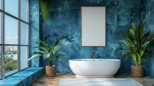 Luxurious bathroom with a modern bathtub  framed empty poster on a textured blue wall  and green plants  Generative AI.