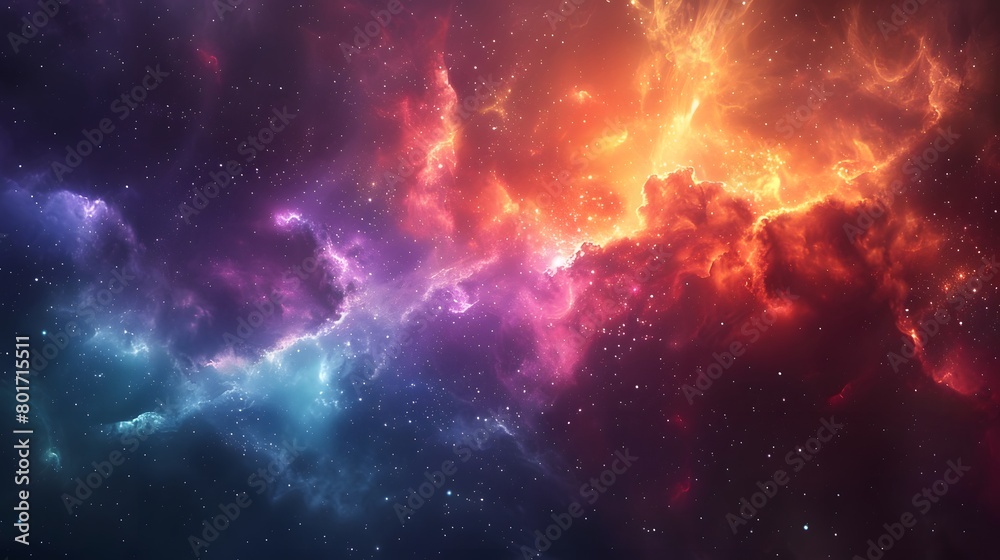 Vibrant and colorful galaxy cosmic space with a bright abstract universe background dotted with many twinkling stars and decorative galaxies, creating a vivid nebula ambiance.