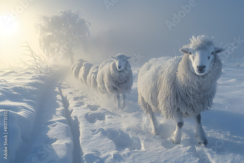 Flock of Woolly Sheep Navigating Through Snowy Landscape Leaving Soft Powder Footprints in Their Wake photo