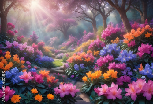 Illustration of mystical colorful garden with sun streaming through trees