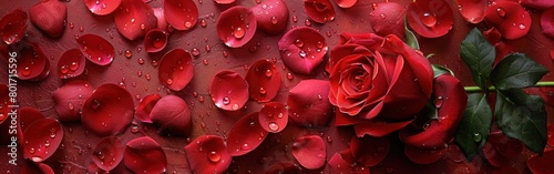 Romantic Red Roses Bouquet with Hearts and Gift Boxes on Wedding and Valentine s Day Background with Water Drops and Petals