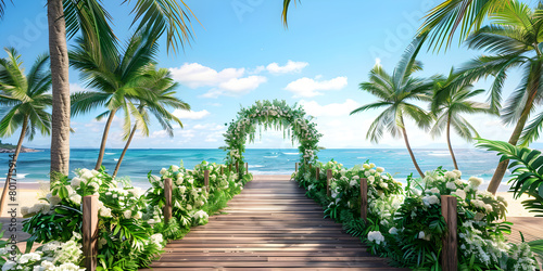 Photo realistic photo of a wooden path to the beach Blue sky palm trees floral wedding