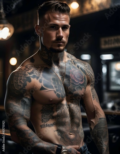 sexy shirtless man with intricate tattooes
