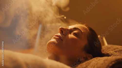 A woman lies on a towel her face serene and her body enveloped in the warm soothing steam of the sauna..