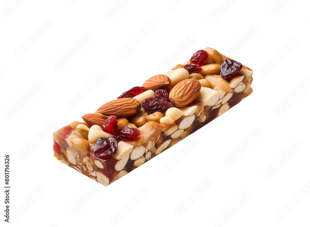 Nut and fruit bar filled with almonds, peanuts, walnuts, and dried cranberries, isolated on a transparent background. Generative AI Nut and fruit bar filled with almonds, peanuts, walnuts, and dried cranberries, isolated on a transparent background. Generative AI