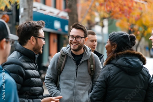 Handsome young man smiling and walking in the street with friends photo