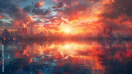 Majestic Futuristic Cityscape Reflecting on Tranquil Waters at Breathtaking Sunset