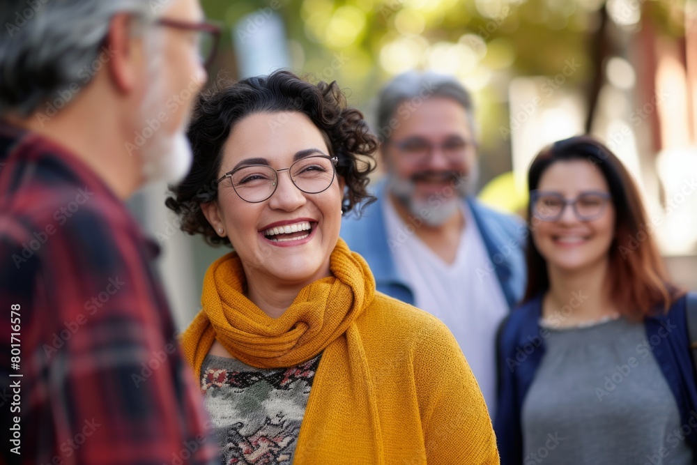 Group of friends walking in the street. Cheerful young woman wearing eyeglasses and smiling. Group of friends walking in the street. Cheerful young woman wearing eyeglasses and smiling.