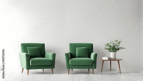  Mockup wall living room with green armchair on empty white wall background- 3D rendering  © Land Stock