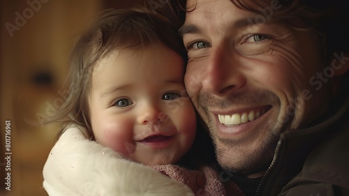 Heartwarming portrait of a smiling father holding his joyful toddler daughter, showcasing their close and affectionate bond in a cozy indoor setting. Their smiles reflect genuine happiness and the dee photo