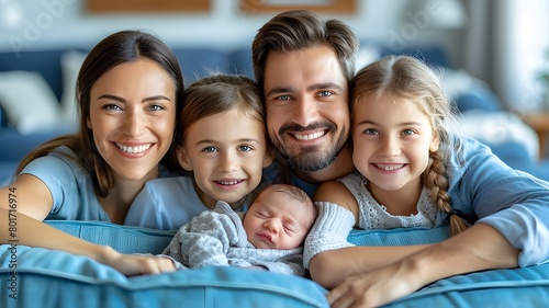 Happy family of five  including parents  two young daughters  and a newborn baby  smiling and lying on a cozy couch in a bright  modern living room.  