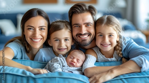 Happy family of five, including parents, two young daughters, and a newborn baby, smiling and lying on a cozy couch in a bright, modern living room.

