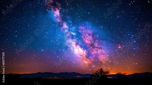 A stunning photograph of the Milky Way galaxy stretching across the night sky. The vibrant colors of the stars and cosmic clouds create a breathtaking celestial scene  set against the silhouette of di