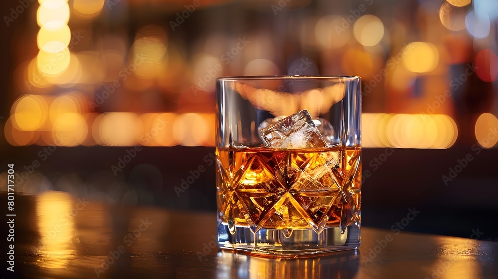 A classic whiskey scotch drink, adorned with ice cubes, rests in a glass at the pub bar. Background night club mock-up decoration—a glass of whiskey with an ice cube poised on the counter. A classic whiskey scotch drink, adorned with ice cubes, rests in a glass at the pub bar. Background night club mock-up decoration—a glass of whiskey with an ice cube poised on the counter.