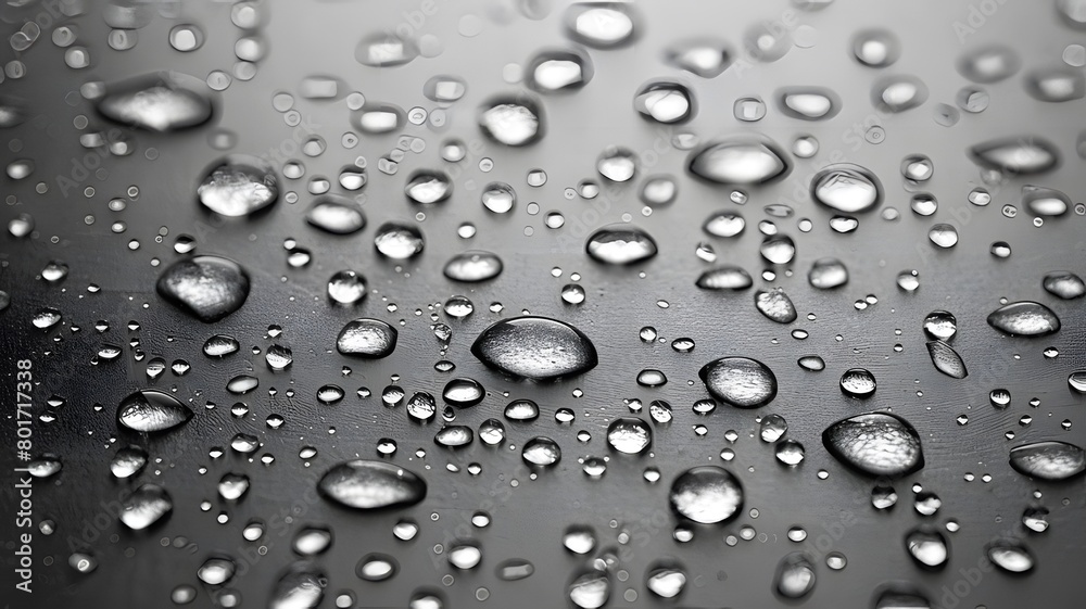 Monochrome image showcasing water droplets on a smooth, dark surface, displaying simplicity and texture.
