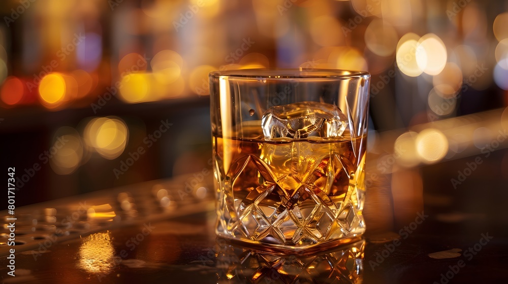 A classic whiskey scotch drink, adorned with ice cubes, rests in a glass at the pub bar. Background night club mock-up decoration—a glass of whiskey with an ice cube poised on the counter. A classic whiskey scotch drink, adorned with ice cubes, rests in a glass at the pub bar. Background night club mock-up decoration—a glass of whiskey with an ice cube poised on the counter.