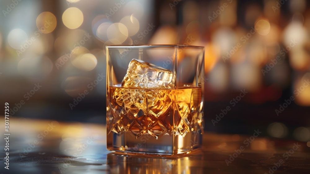 A classic whiskey scotch drink, adorned with ice cubes, rests in a glass at the pub bar. Background night club mock-up decoration—a glass of whiskey with an ice cube poised on the counter. A classic whiskey scotch drink, adorned with ice cubes, rests in a glass at the pub bar. Background night club mock-up decoration—a glass of whiskey with an ice cube poised on the counter.