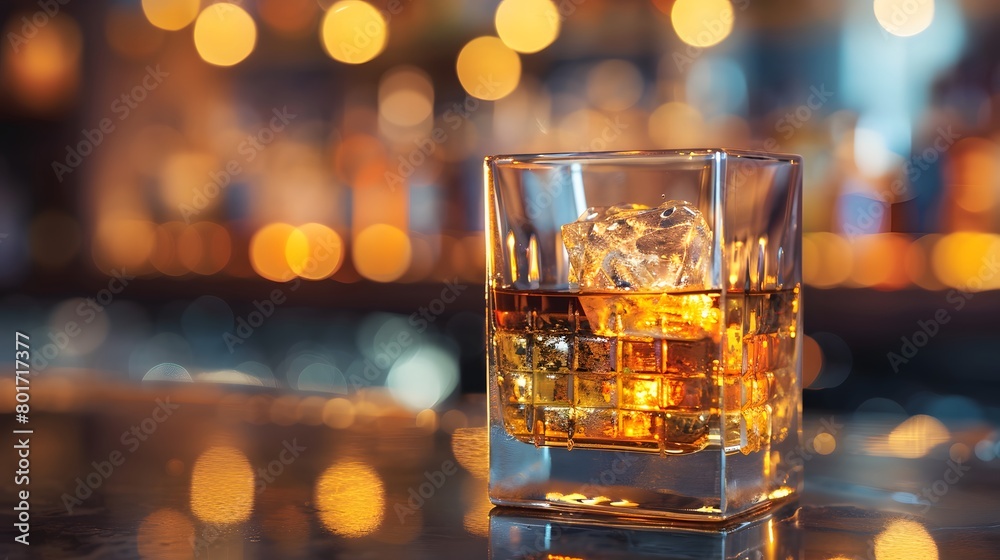 A classic whiskey scotch drink, adorned with ice cubes, rests in a glass at the pub bar. Background night club mock-up decoration—a glass of whiskey with an ice cube poised on the counter. A classic whiskey scotch drink, adorned with ice cubes, rests in a glass at the pub bar. Background night club mock-up decoration—a glass of whiskey with an ice cube poised on the counter.