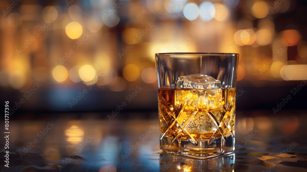 A classic whiskey scotch drink, adorned with ice cubes, rests in a glass at the pub bar. Background night club mock-up decoration—a glass of whiskey with an ice cube poised on the counter. A classic whiskey scotch drink, adorned with ice cubes, rests in a glass at the pub bar. Background night club mock-up decoration—a glass of whiskey with an ice cube poised on the counter.