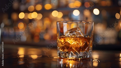 A classic whiskey scotch drink, adorned with ice cubes, rests in a glass at the pub bar. Background night club mock-up decoration—a glass of whiskey with an ice cube poised on the counter.