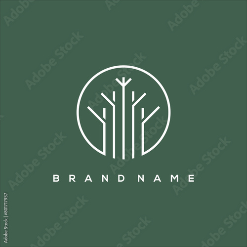 line art tree forest circle logo vector