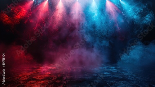 Memorial Day Stage with Red, White & Blue Spotlight and American Flag Background with Smoke - AI Generated Image photo