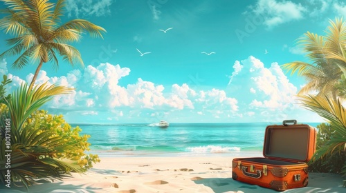 Exotic Travel Dreams: Open Suitcase with Destination Inside for Vacation Time Banner © hisilly