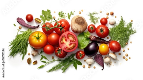 Fresh tomatoes and herbs isolated on white background.AI generated image