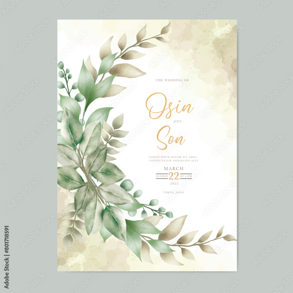 Elegant watercolor wedding invitation card template design with green leaves