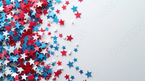 Happy Independence Day! Red, Blue & White Star Confetti Paper Decorations on White Background. Top View Flat Lay with Copy Space. photo
