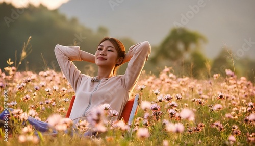 a dreamy illustration of Leke lounging in a field of wildflowers, her serene expression reflecting the peace and tranquility of the natural world.