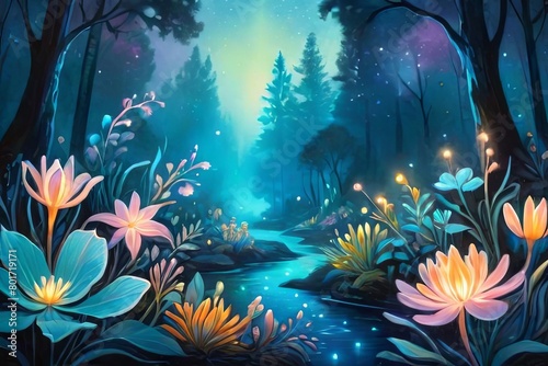 Abstract Glade in magic forest. Mysterious colorful landscape with blue light, fabulous butterflies and plants. Fantastic 