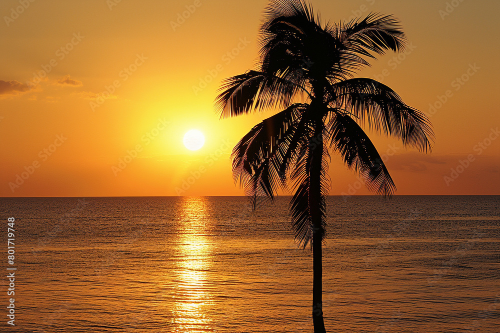 A lone palm tree swaying gently in the ocean breeze, casting a graceful silhouette against the setting sun.