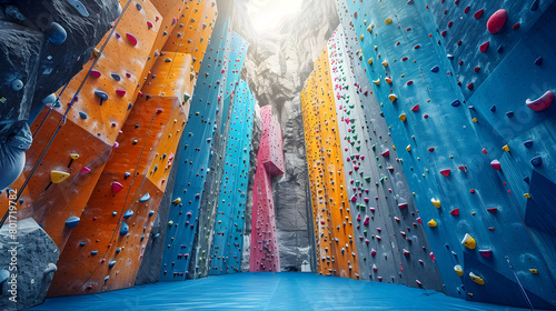 Colorful Climbing Gym with Adventurous Climbers Scaling Challenging Routes