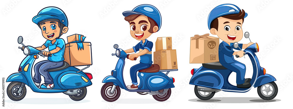 Fototapeta premium illustration set of a delivery man riding scooter with blue uniform bring a package.