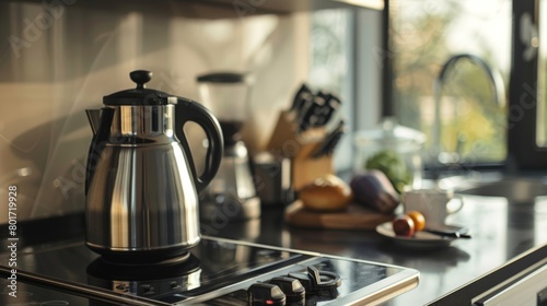 In the corner of the room a sleek stainless steel coffee maker hums while a kettle whistles on the stove promising the perfect cup of premium drink.