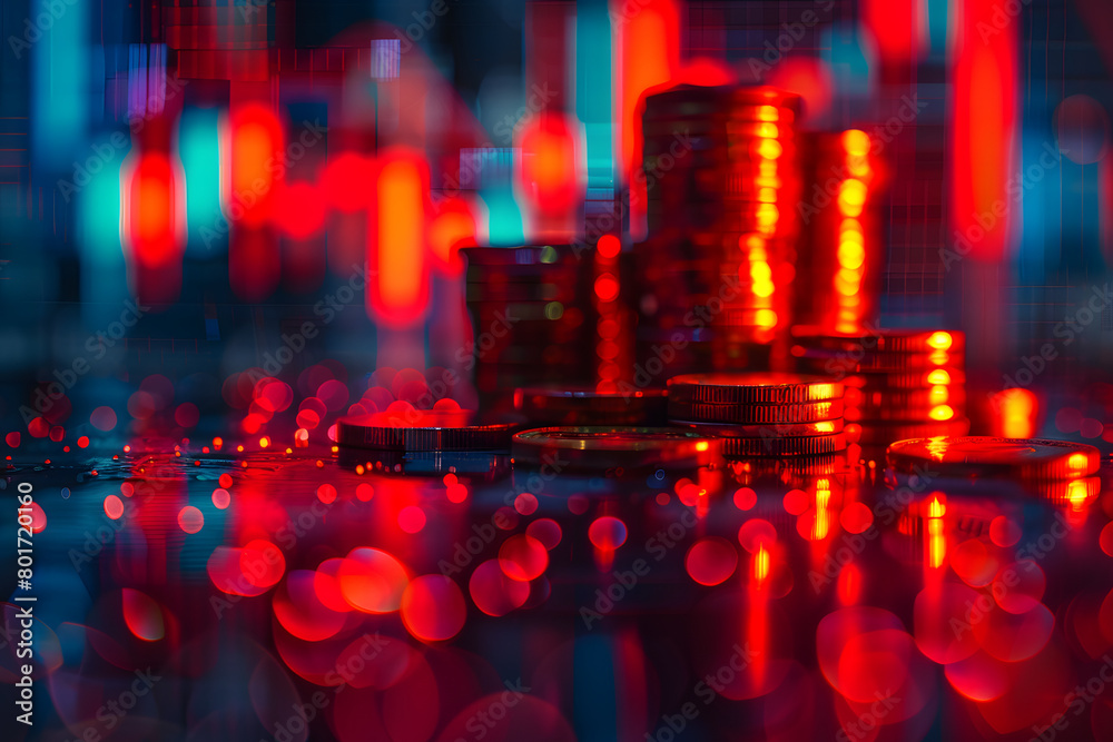 Stacks of gold coins with graph chart, concept of economic, business, financial and stock market growth Stacks of gold coins with graph chart, concept of economic, business, financial and stock market growth