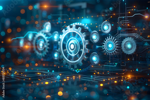 Futuristic Digital Circuit Board with Interconnected Gears and Geometric Patterns on Blue Background