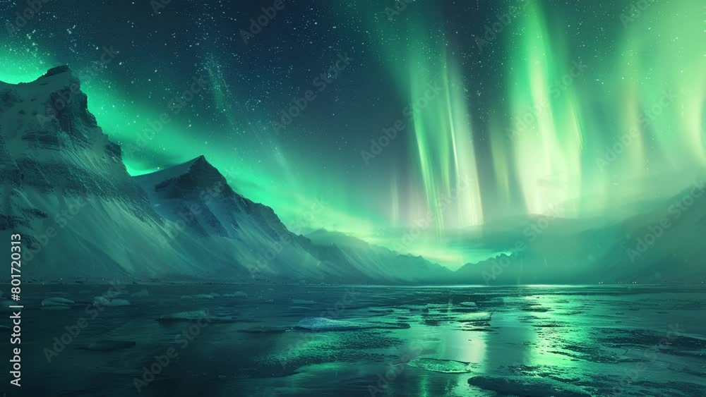 a beautiful and brilliant green aurora sky in a quiet valley. Glowing night stars background.