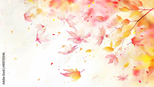 Pink and yellow cherry blossom petals flying in the air  white background  vector illustration style  light pink and yellow color scheme  delicate lines  delicate brushstrokes  dreamy atmosphere