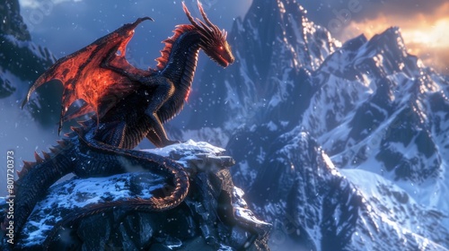 A fiery dragon with scales as black as night and eyes that glow with ancient wisdom perched atop a mountaintop covered in snow and . .