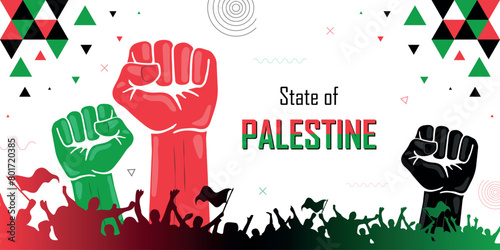 People cheer for Palestine, patriot nation, flag color combination banner, geometric abstract background, raised fist, human hand, national celebration, strike, parade, riot, protest or rally