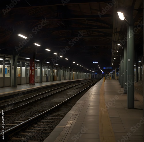 Empty side platform of Selestat station at late evening hour, high speed train stand then depart from opposite side, short time lapse shot. Static camera on the ground  photo
