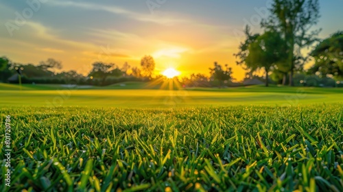 Amazing nature background during sunrise at golf field.